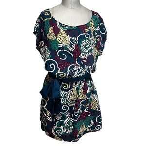 Anthropologie Maeve Short Sleeve Swirling Dots Green/Blue Dress Size M